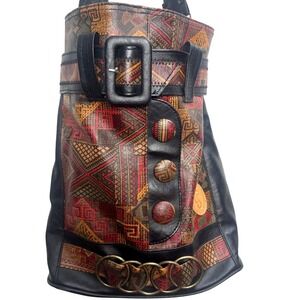 BOHO Shoulder Bag Black Faux Leather Aztec Tapestry Accents Rings‎ art deco gold